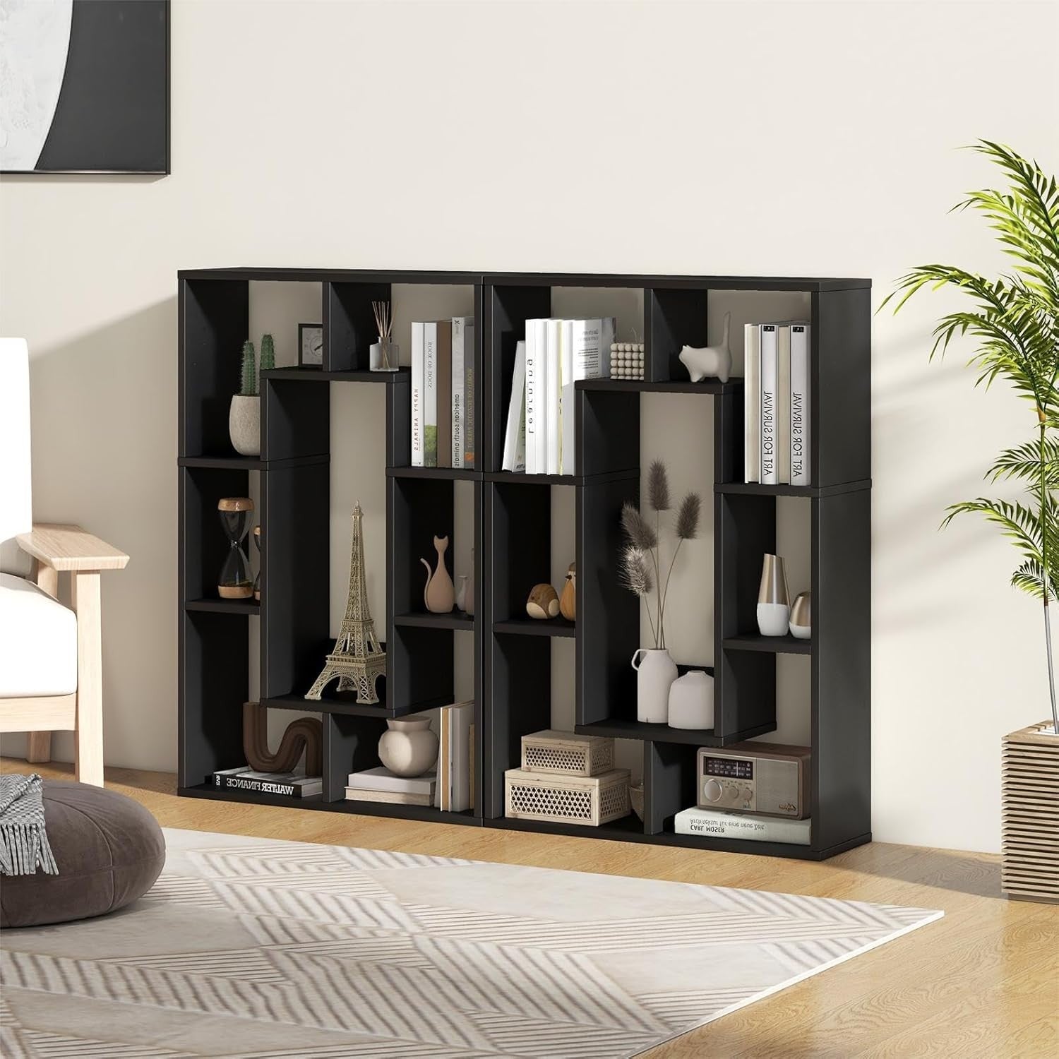 7-Cube Geometric Bookcase Modern Room Divider Storage Display Shelf Black