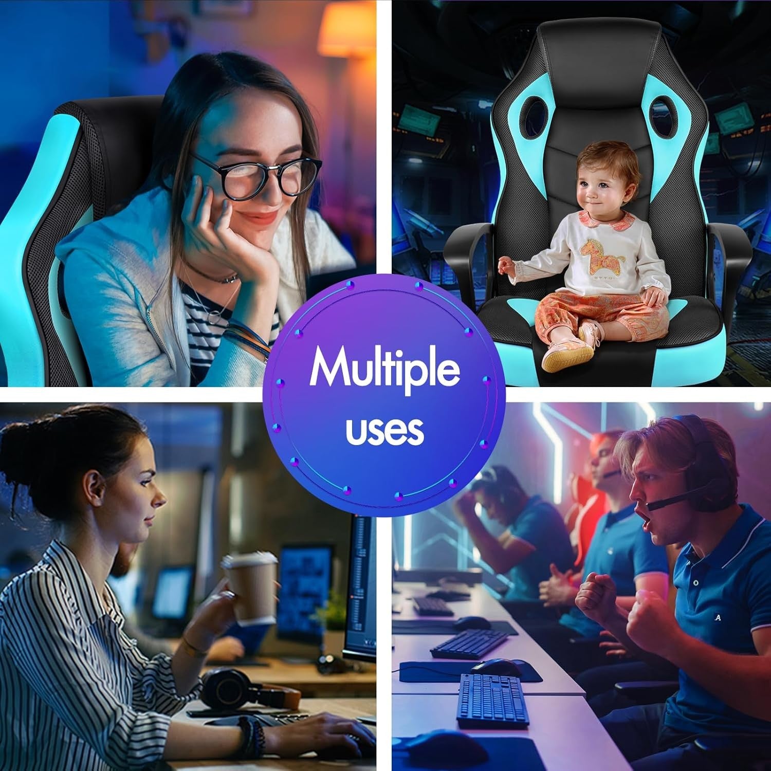 Ergonomic Gaming Chair Racing Swivel Desk Chair Mesh PU Cyan