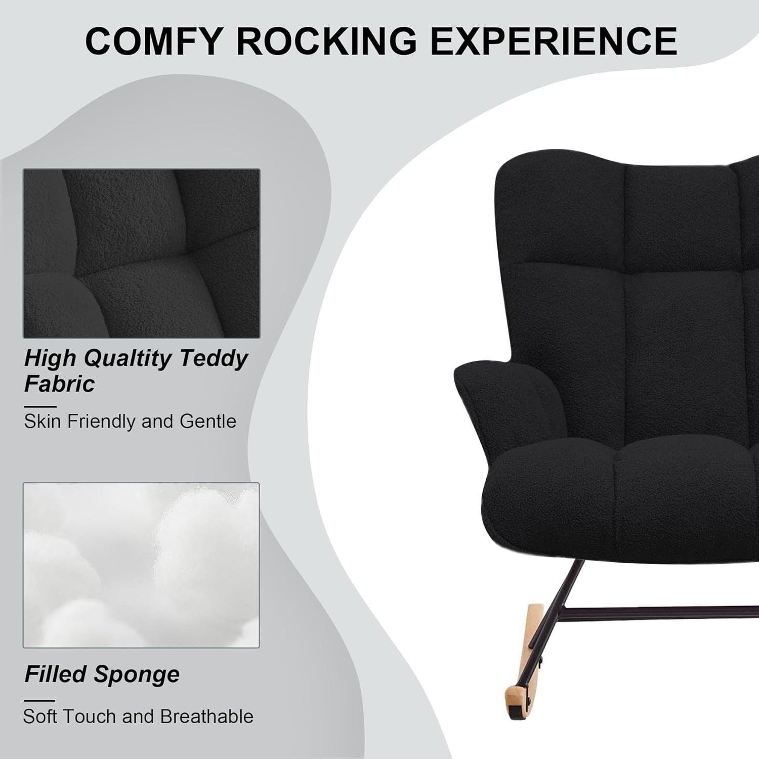 Rocking Chair Nursery Glider Comfy Armchair High Back Padded Seat Black Teddy