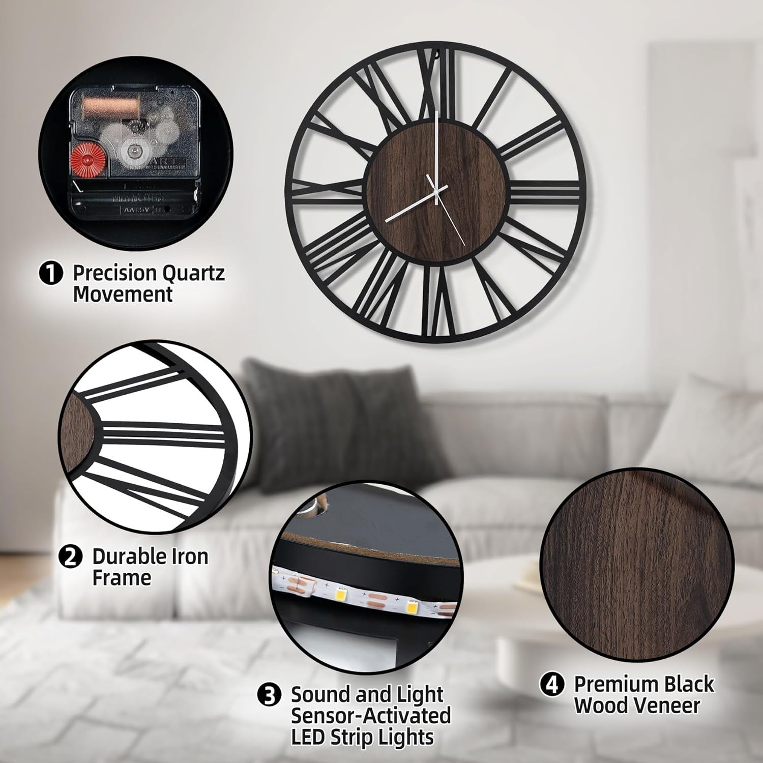 Large 50cm Roman Numeral Wall Clock LED Silent Battery Operated Modern Decor