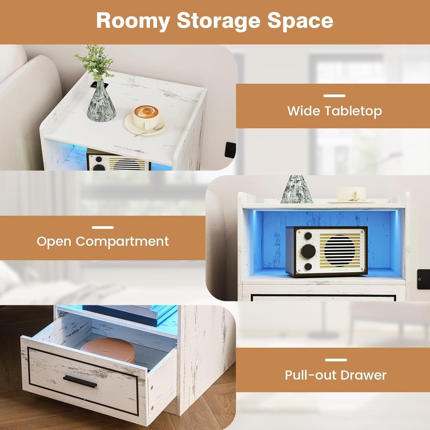 Set of 2 LED Bedside Tables with USB Charging Station & Storage | Modern