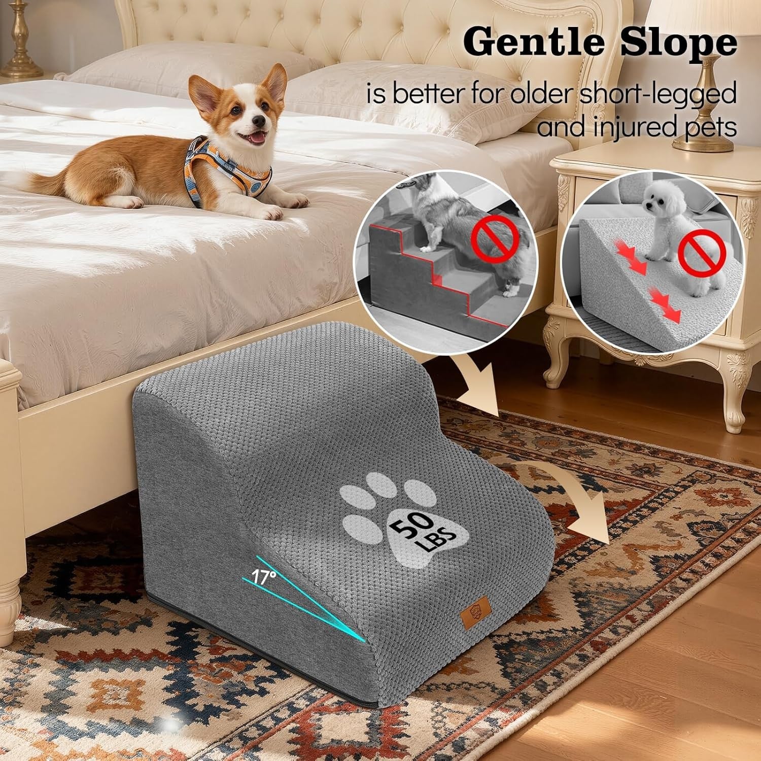 2 Step Dog Ramp for Sofa Bed Non Slip Washable Grey 40x40x30cm