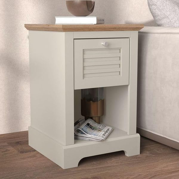 Light Grey & Oak Bedside Table | Modern Nightstand with Drawer