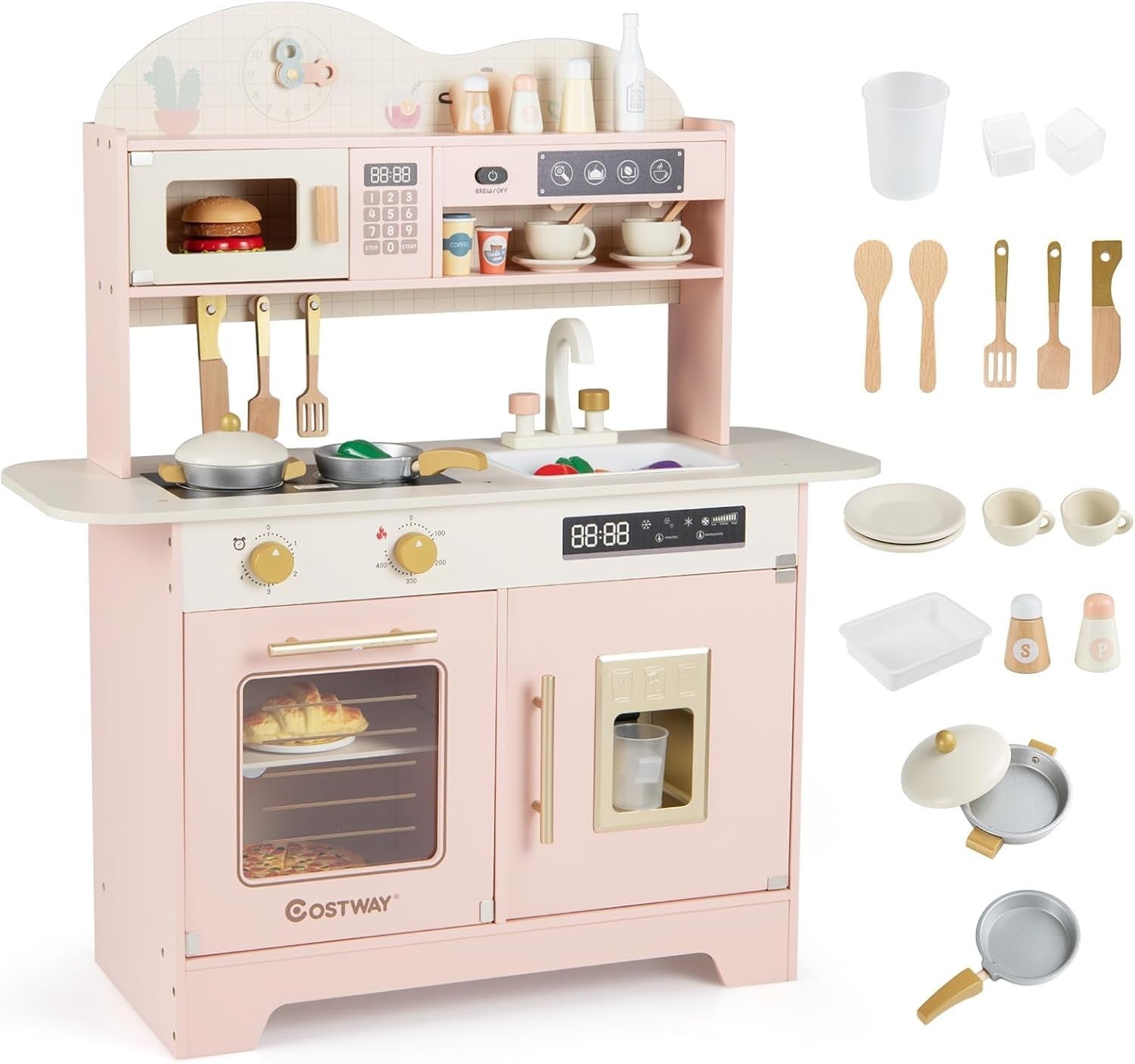 Wooden Kids Play Kitchen Pink Coffee Maker Oven 17PCS Accessories