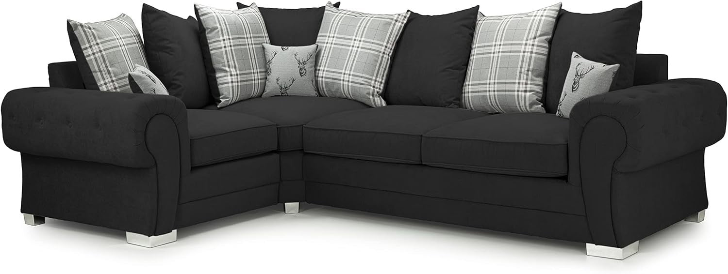 4 Seater Black Fabric 2C1 Left Hand Corner Sofa with Deep Seats & Cushions