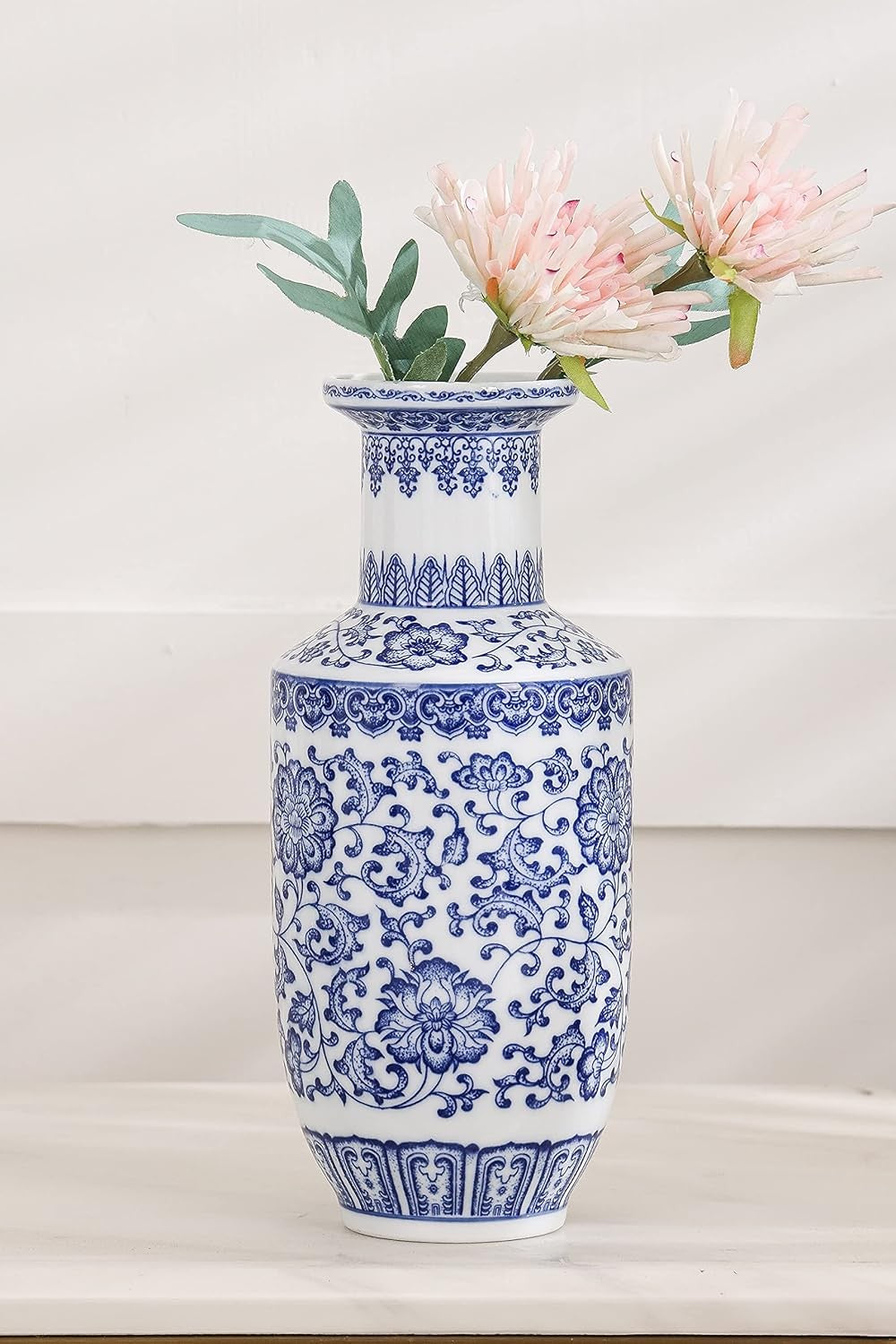 Blue White Chinoiserie Ceramic Vase 10in Glossy Floral Table Centerpiece