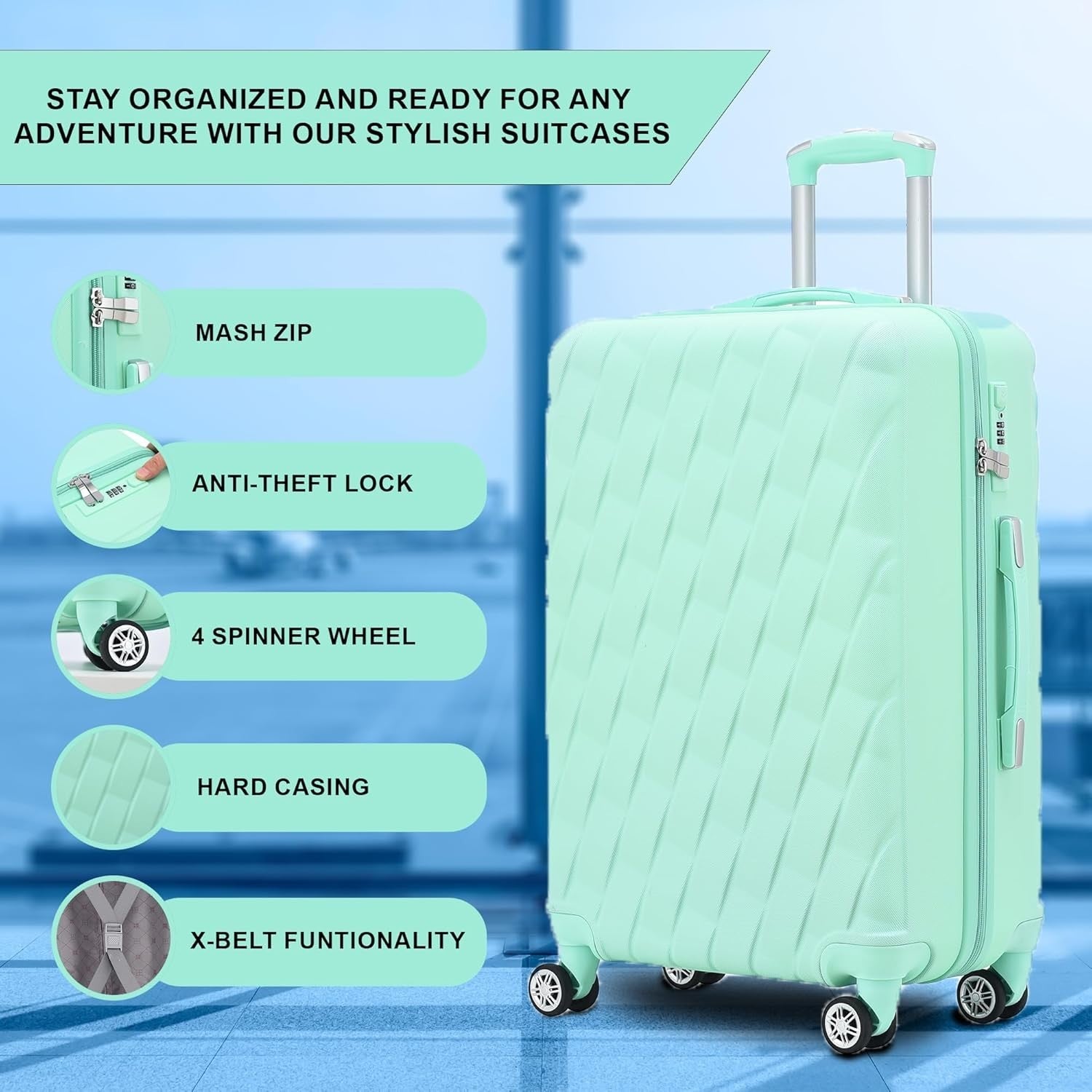 20 Inch Cabin Suitcase Hard Shell PC ABS 4 Dual Spinner Wheels Lock Green