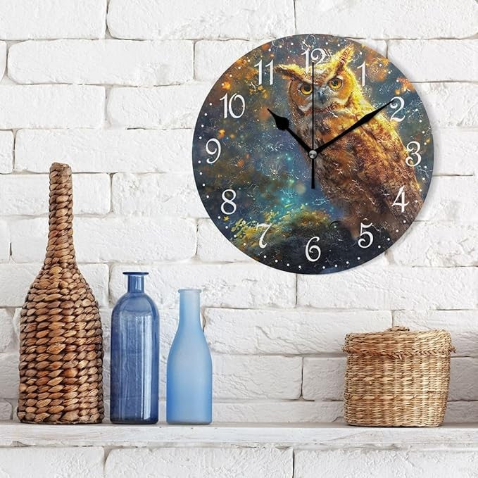 Autumn Owl Wall Clock 25cm Rustic Art Silent Non-Ticking Decorative Home Decor
