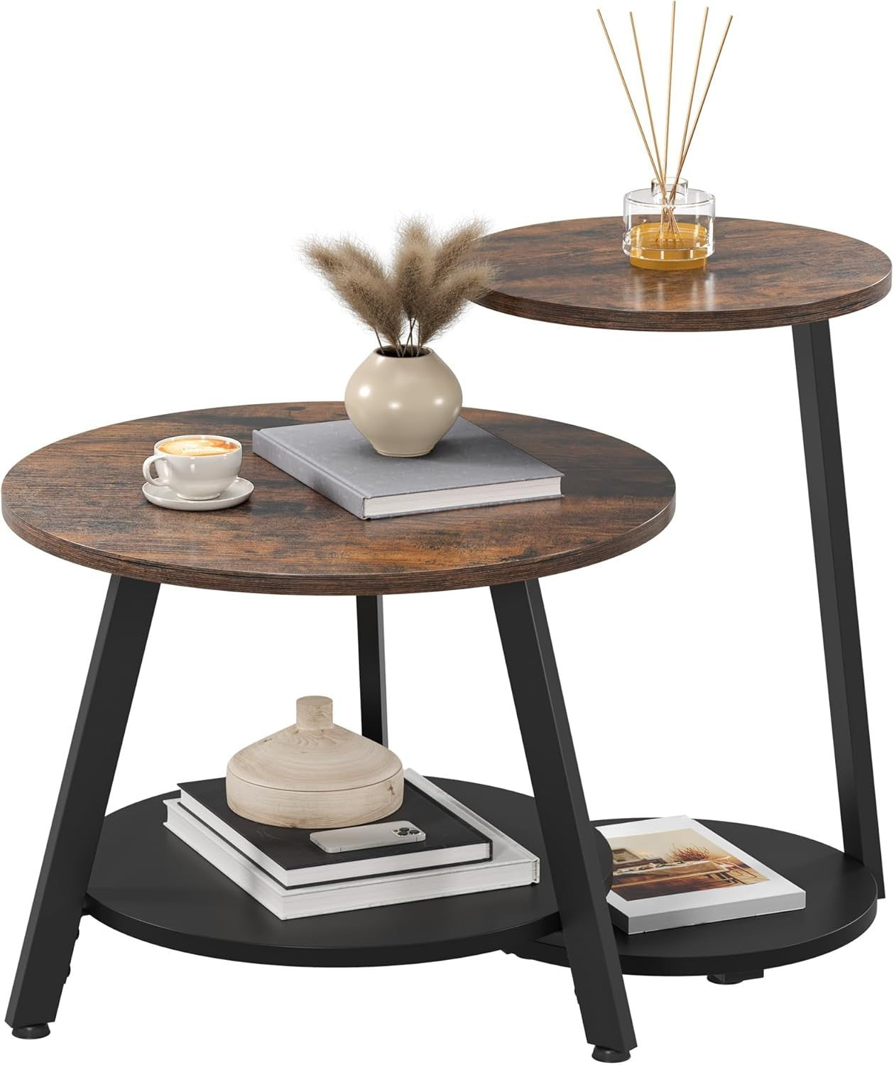 Nesting Coffee Table Set 2 Rustic Brown Round Side End Tables Storage