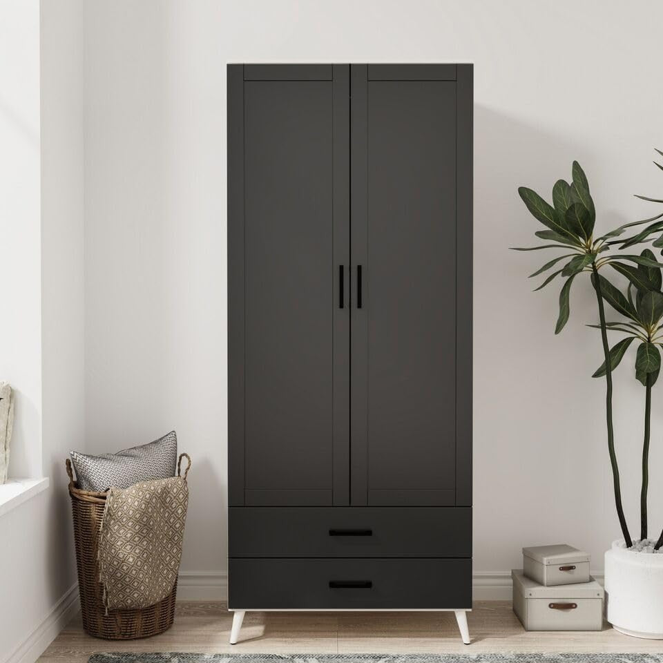 Black Modern Wardrobe 2 Doors 2 Drawers Bedroom Clothes Storage Unit