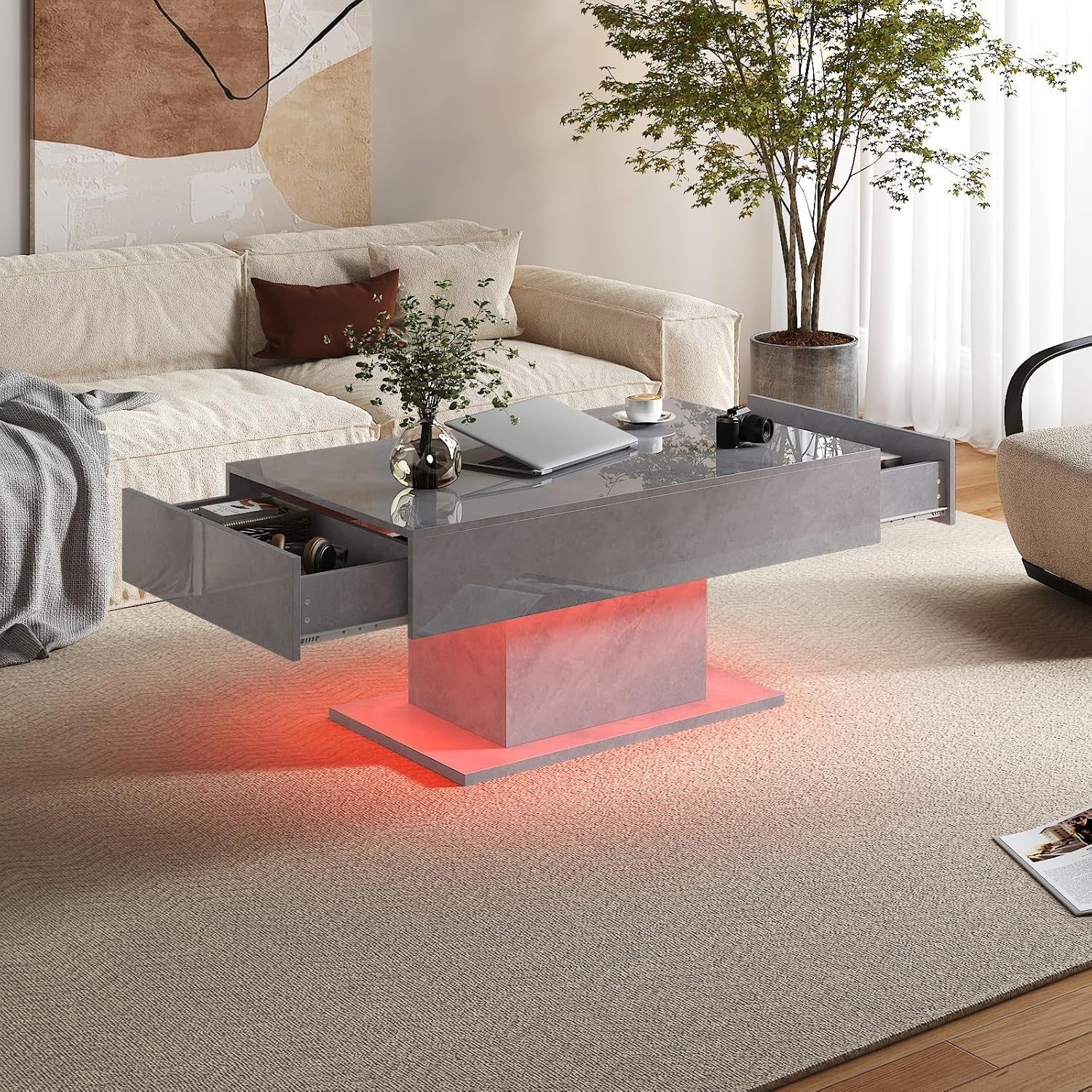 Grey Marble LED Coffee Table with 2 Drawers, High Gloss 110x55cm