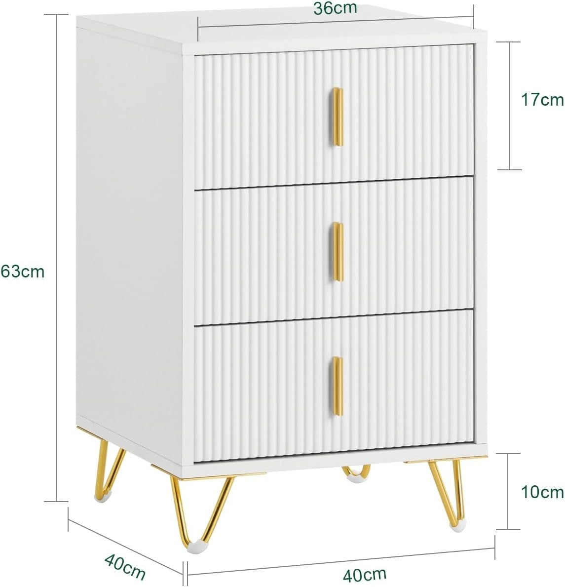 Modern White Bedside Table with 3 Drawers – Gold Legs Bedroom Cabinet
