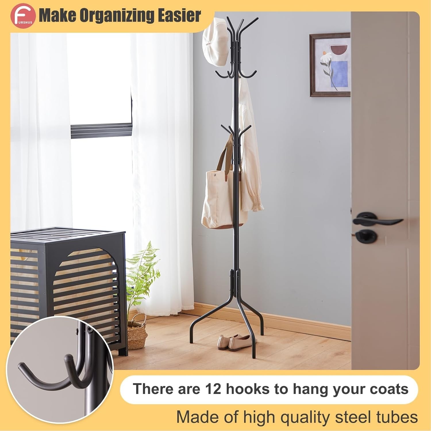 Black Metal Coat Rack Freestanding with 12 Hooks | Hat & Scarf Organizer