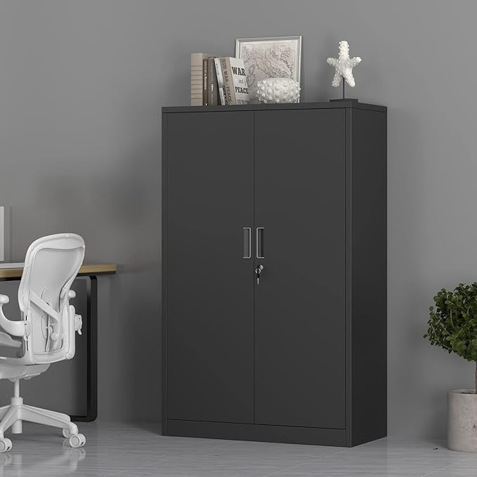 Tall Metal Storage Cabinet with Lock & 3 Adjustable Shelves Office Cupboard