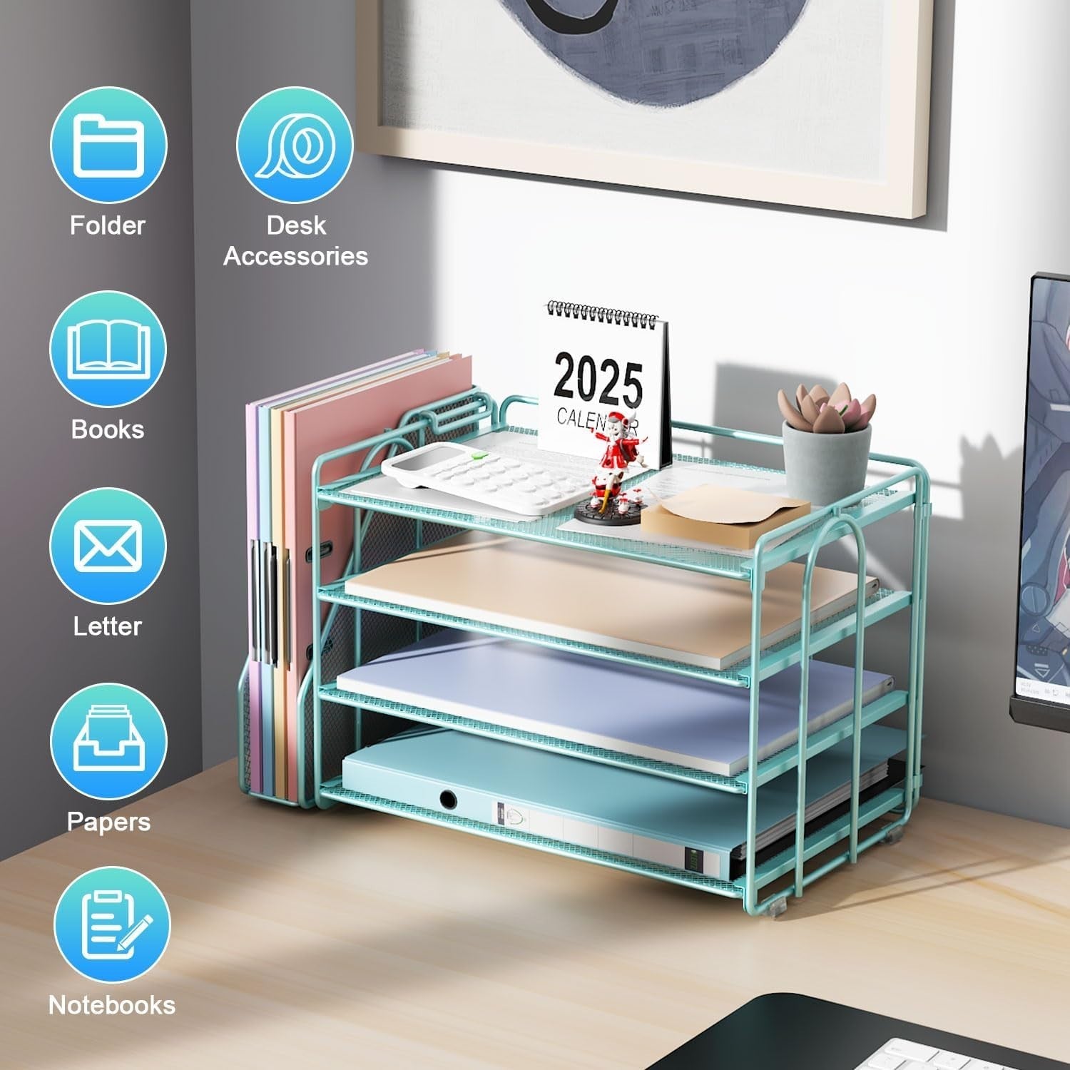 4-Tier Desk Organizer with Magazine Rack | Metal File & Paper Storage