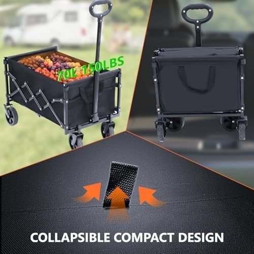 70L Foldable Utility Wagon Cart All-Terrain Wheels Telescopic Handle Black