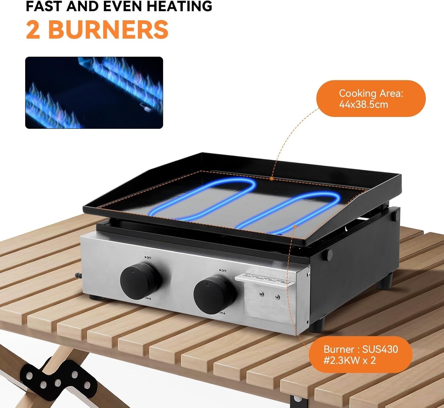 Portable 2 Burner Gas BBQ Grill Ceramic Cast Iron Plate Outdoor Camping Cooking
