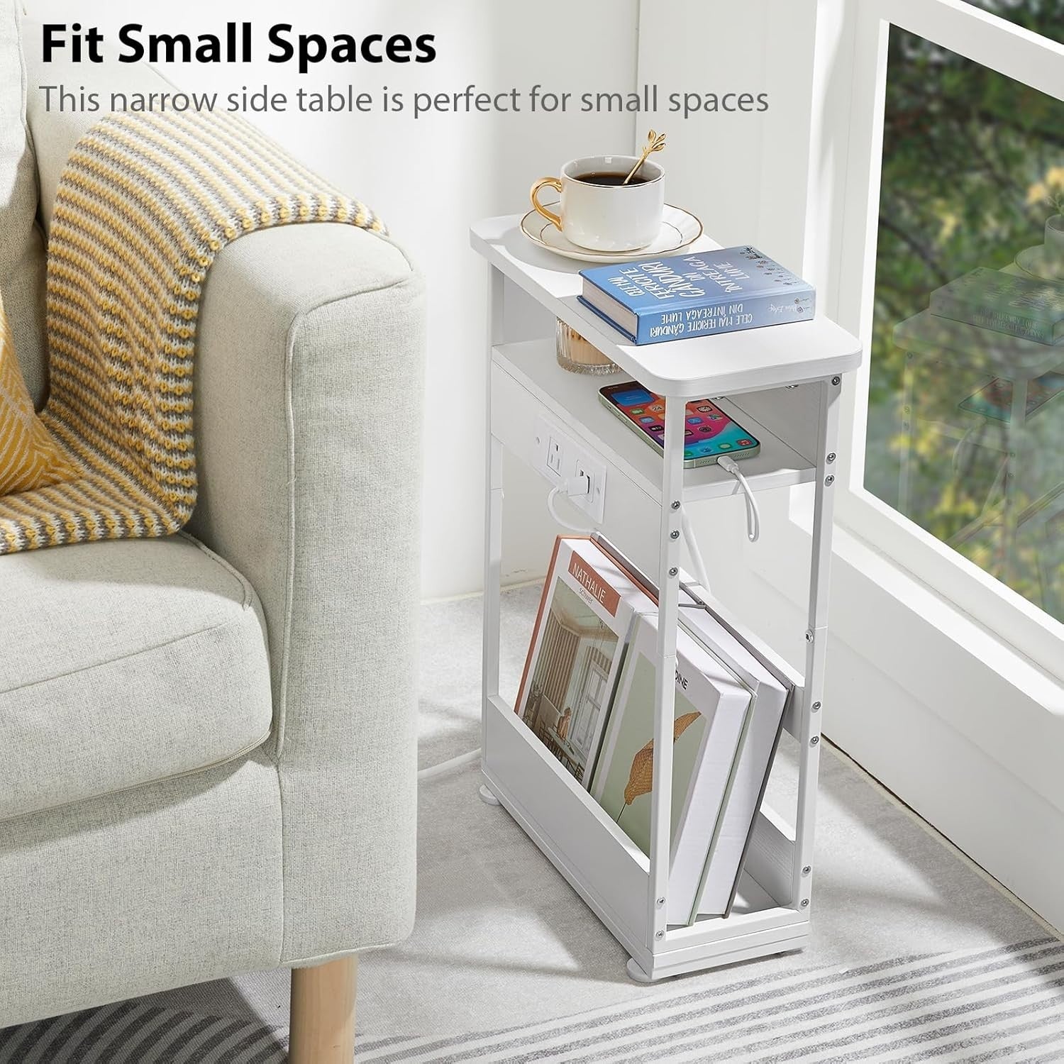 Slim White Side Table with USB Charging Ports – 3-Tier Small End Table