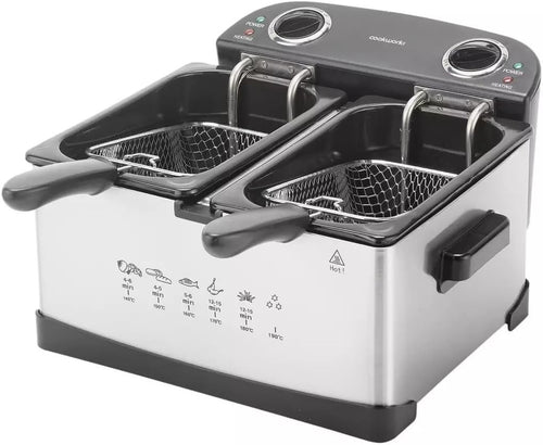 Twin Deep Fat Fryer 2400W Dual Compartment 5L Cool Zone Drain Basket