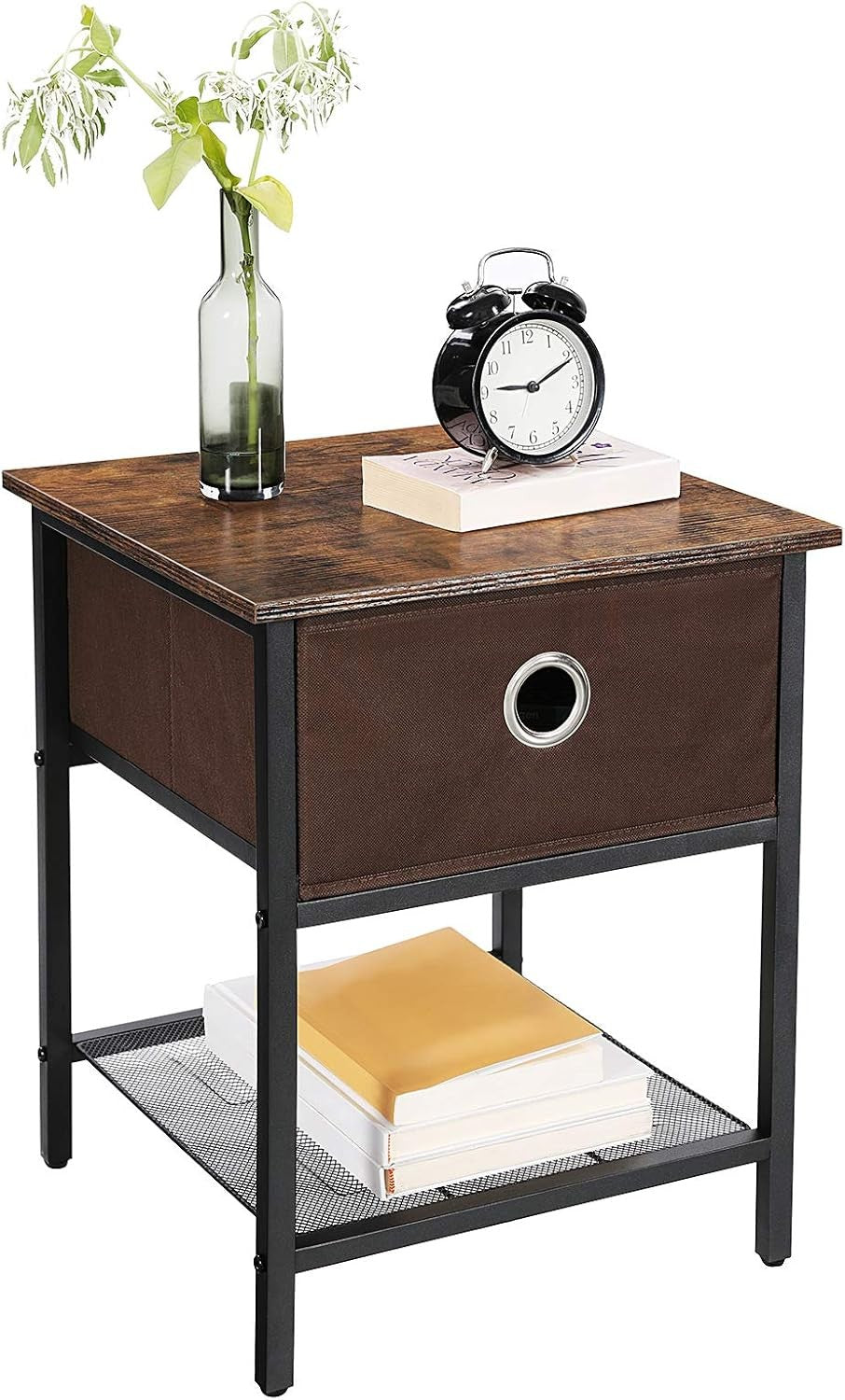 Set of 2 Rustic Bedside Tables with Drawer & Mesh Shelf, Industrial Nightstands