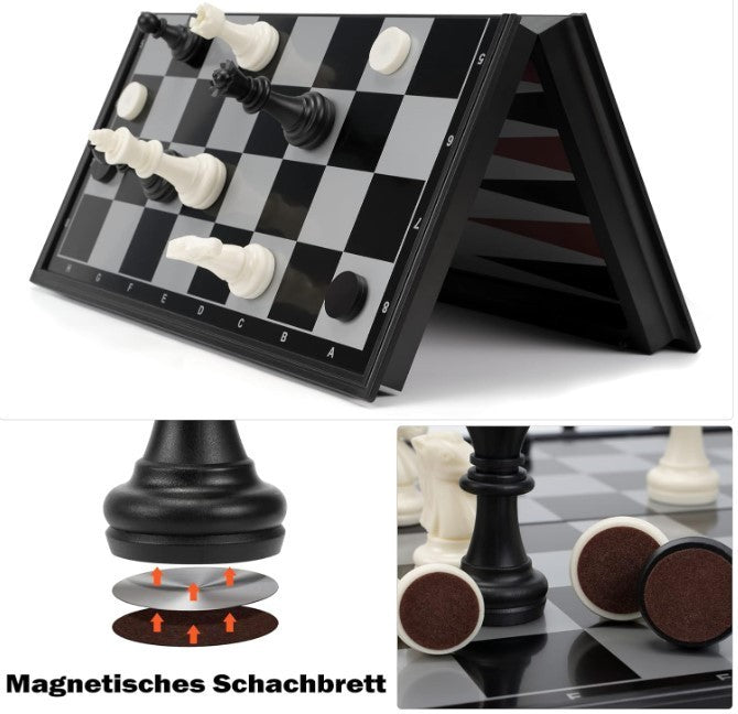 3-in-1 Magnetic Chess Backgammon Draughts Set Portable Folding Travel Board