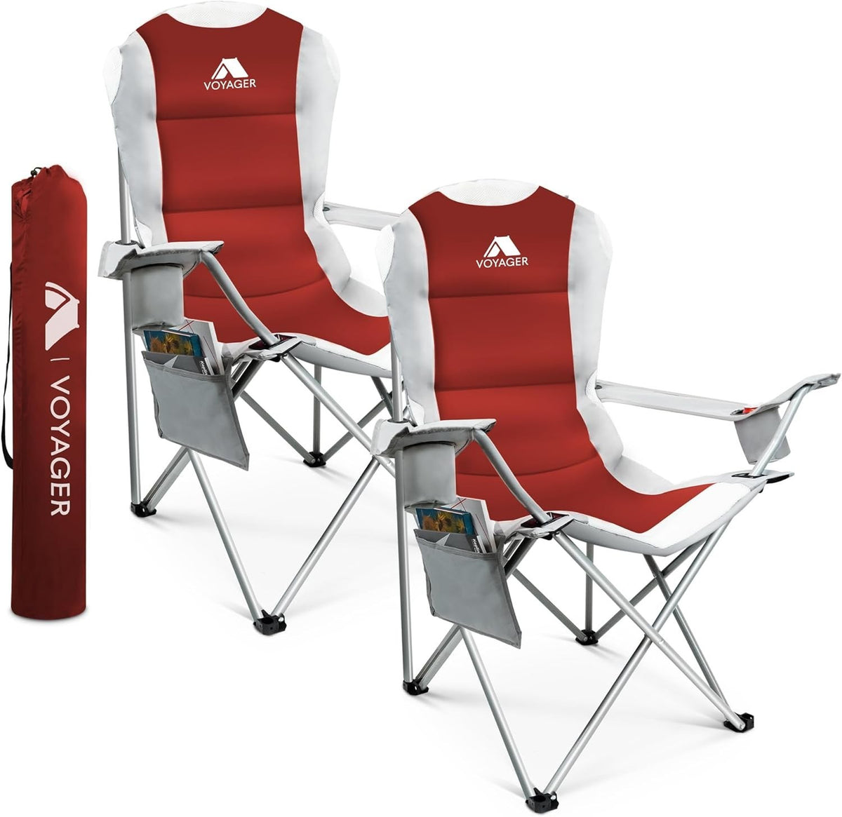 2x Padded Folding Camping Chairs W/Cup Holder, Pockets, Heavy Duty