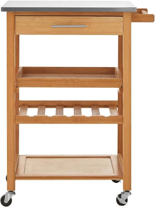 Wooden Kitchen Trolley Rolling Storage Cart Bamboo Shelves Drawer Wheels