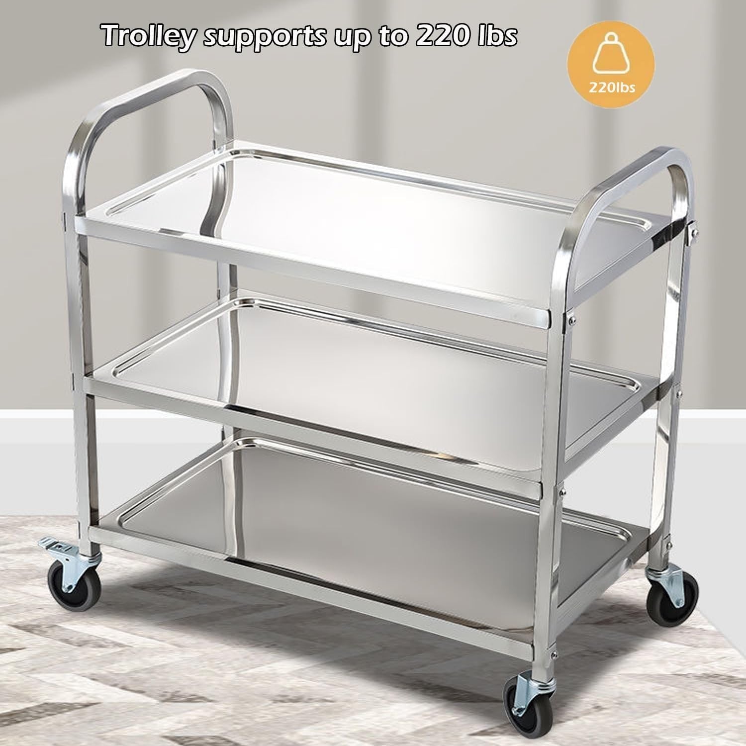 Stainless Steel Kitchen Trolley on Wheels 3 Tier Storage Cart Catering