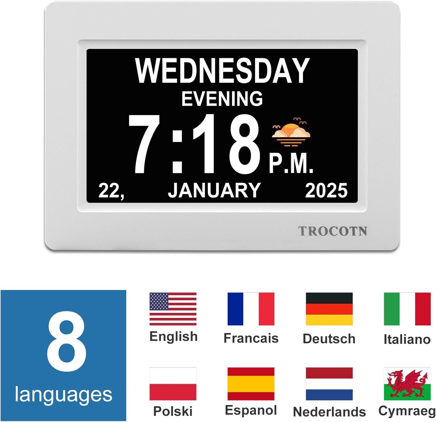 7” Dementia Digital Clock Large Day Display Auto Dimming Elderly