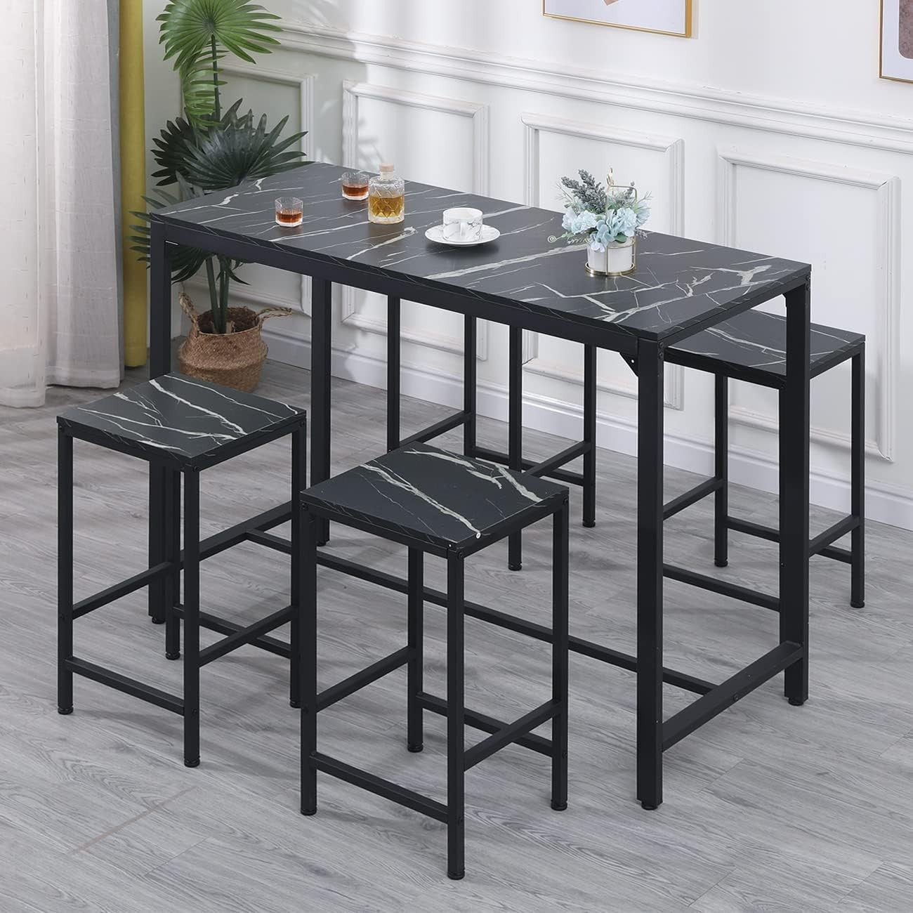 5Pcs Bar Table Set with 4 Stools Black Marble Top Dining Kitchen Unit Furniture