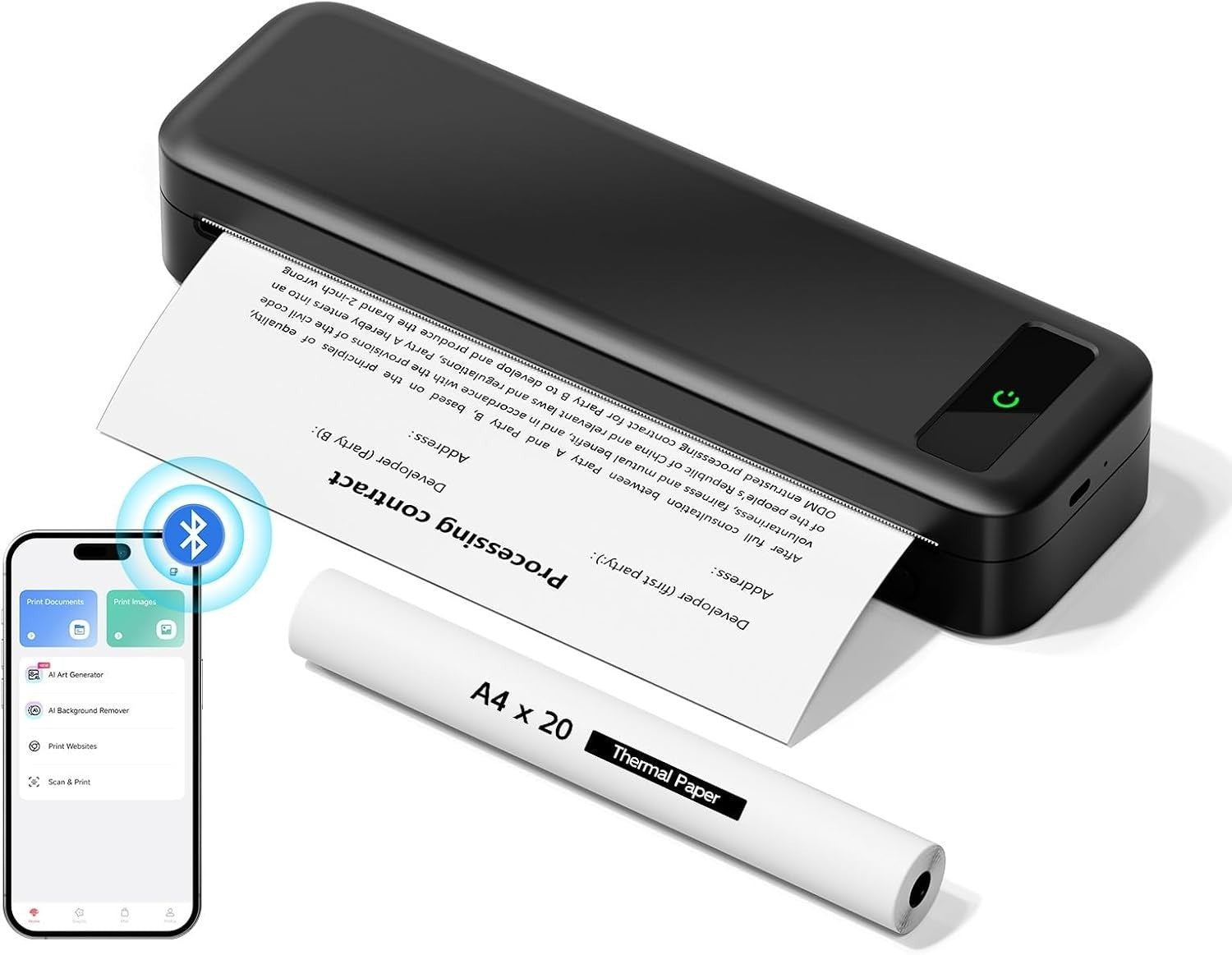 Black Portable Thermal Printer A4 Wireless Inkless Bluetooth Receipt Printer