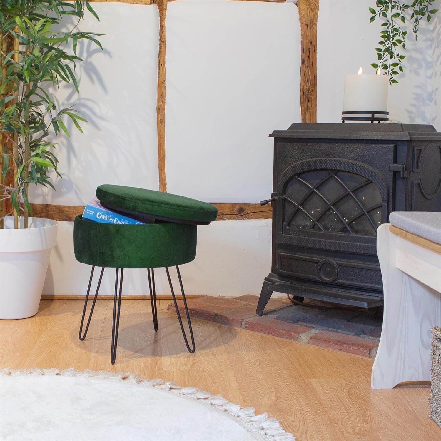 Set of 2 Green Velvet Storage Footstools Black Legs Modern Round Pouffes