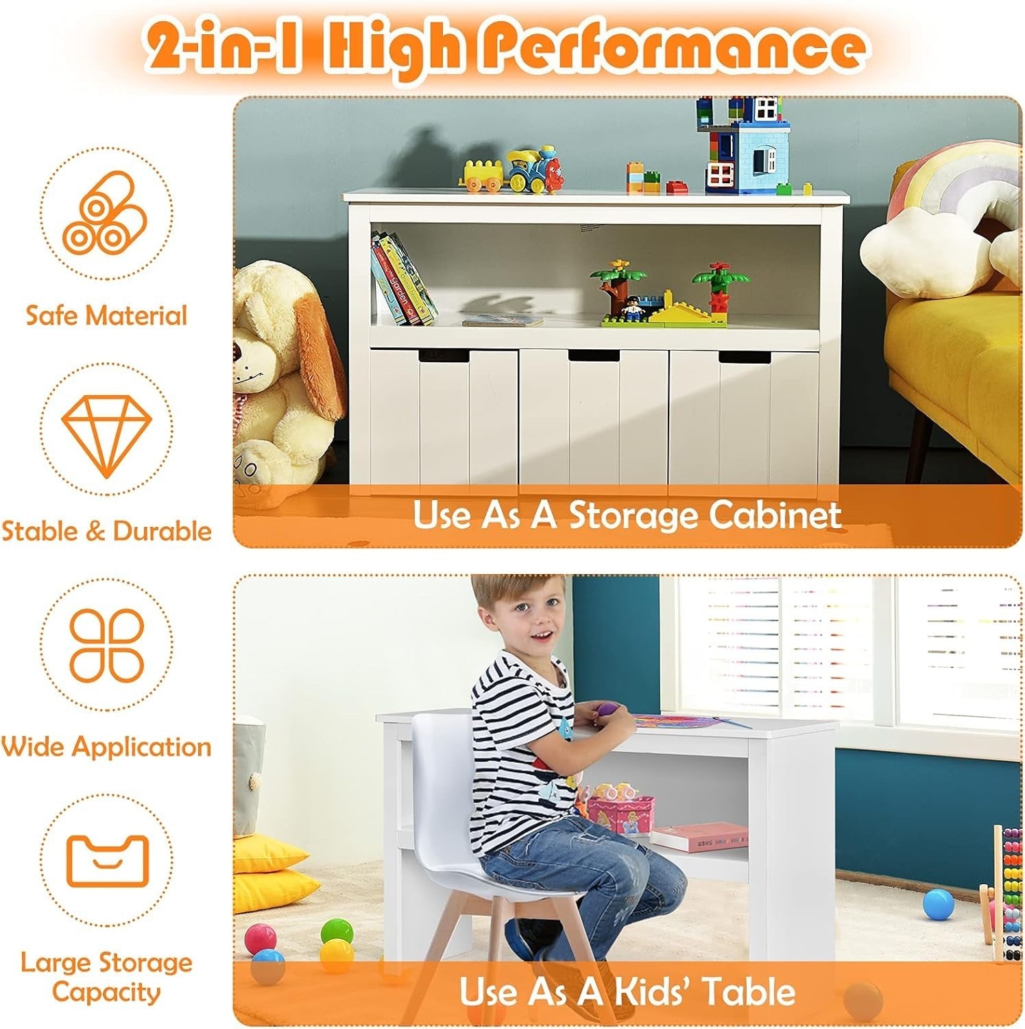 Kids Storage Cabinet with Drawers & Large Shelf – Durable Toy Organizer
