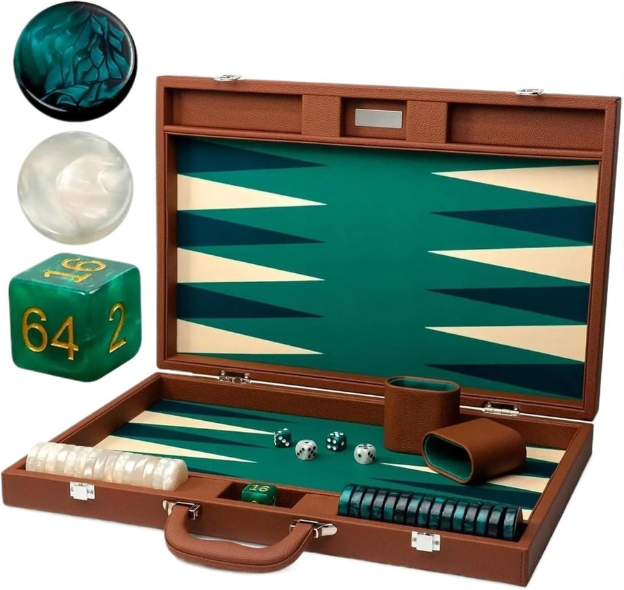 Luxury Leather Backgammon Set 19 Inch Travel Case Dice Checkers Game