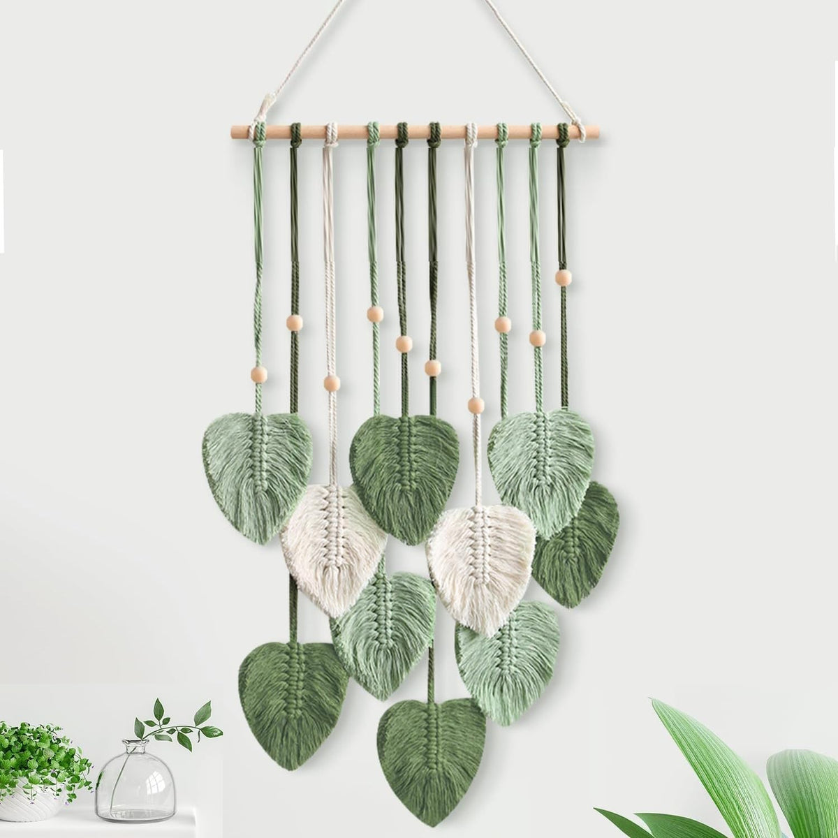 Boho Macrame Wall Hanging 27"x16" Green Leaf Tapestry