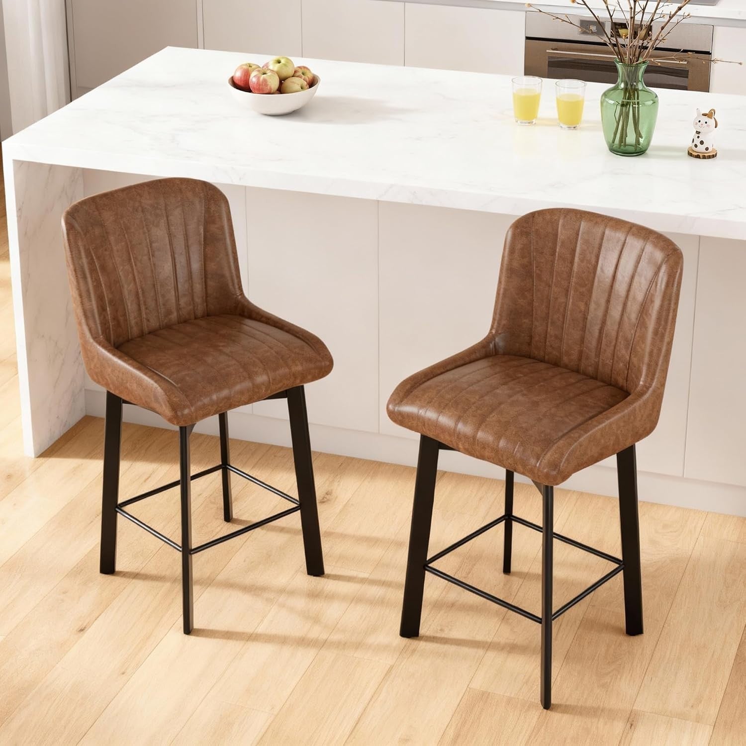 Swivel Bar Stools Set of 2 | Brown PU Leather L-Shaped Counter Chairs