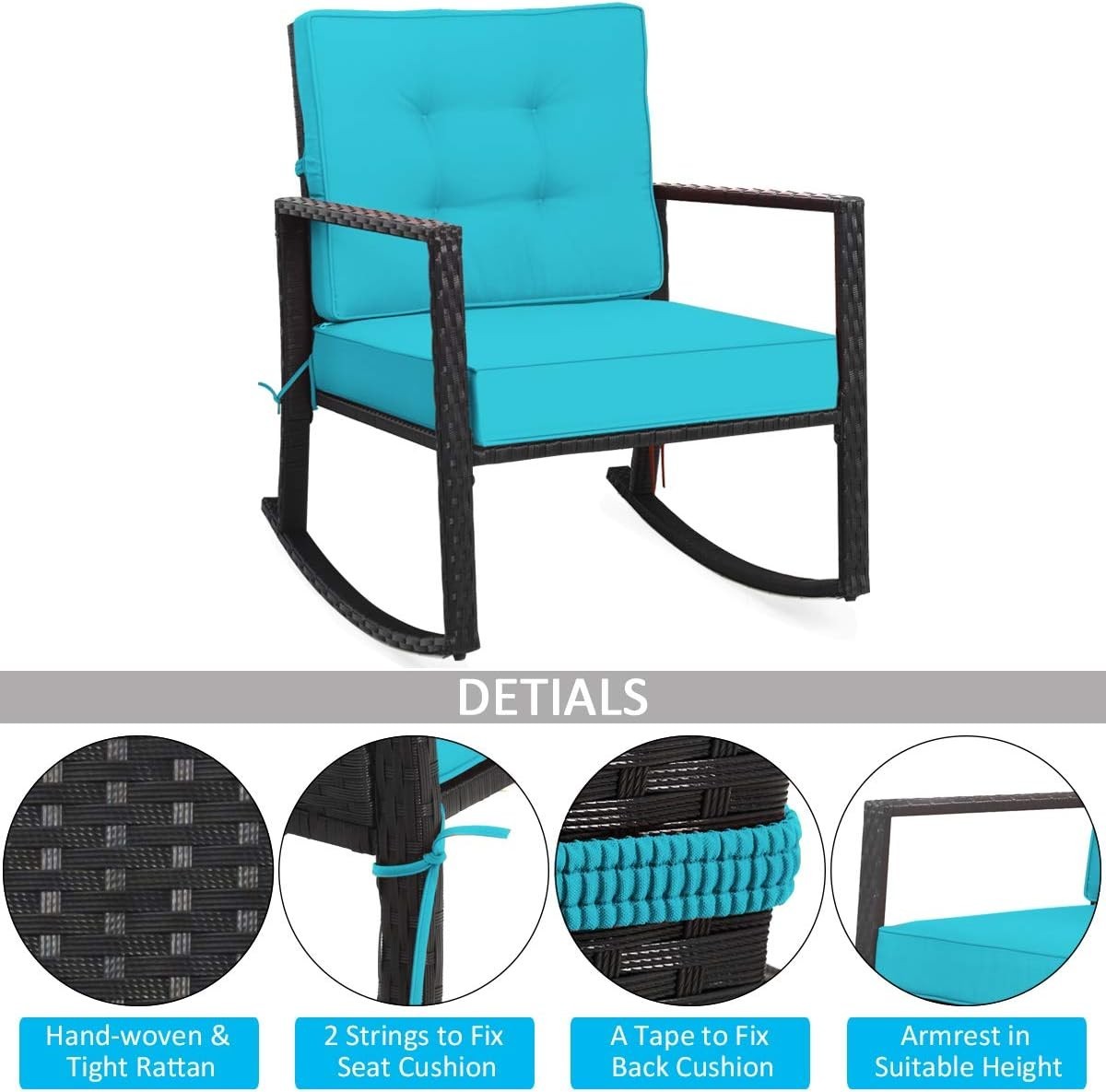 Outdoor Wicker Rocking Chair with Thick Cushions & Armrest for Patio