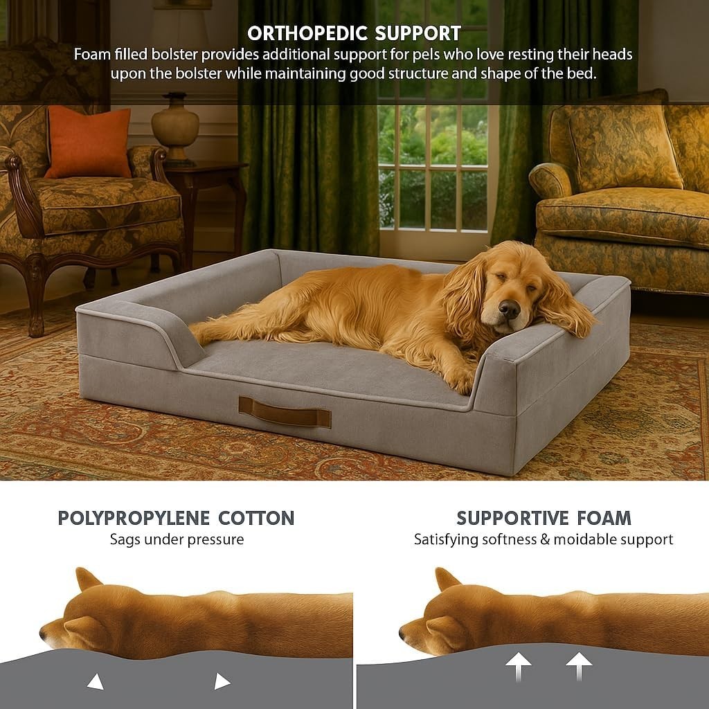 Large Orthopedic Memory Foam Dog Bed Washable Sofa Grey 91cm