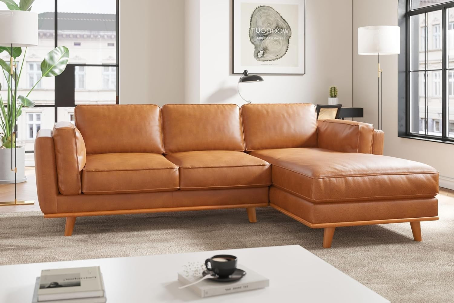 Italian Leather Sectional Sofa Chaise - Solid Wood - Modern Cognac Couch