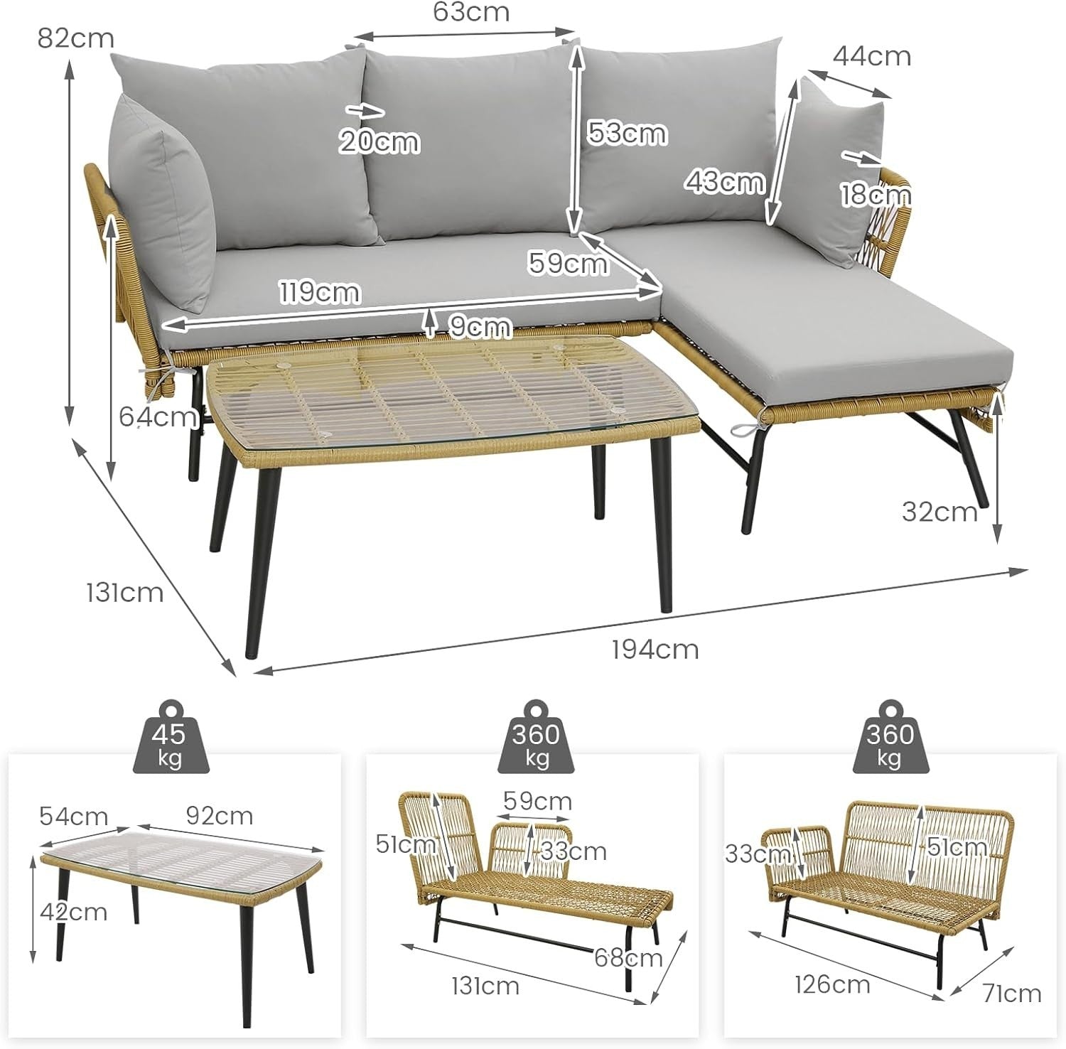 3PC L-Shaped Rattan Garden Corner Sofa Set Patio Lounge Glass Table Grey