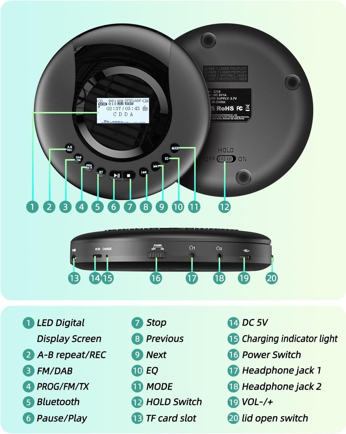Portable CD Player DAB+ FM Bluetooth 5.2 Discman 2000mAh Rechargeable