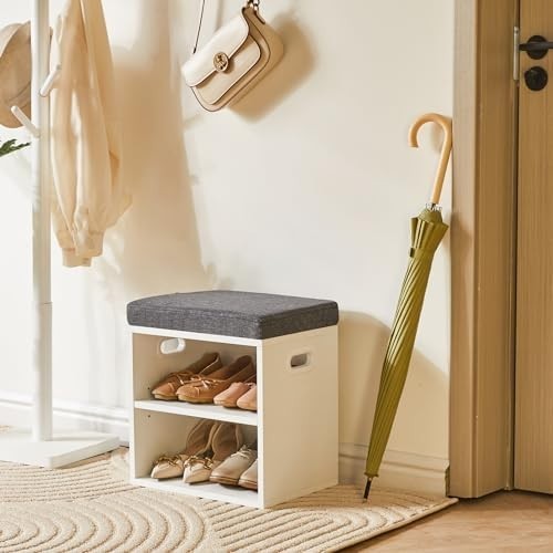 2-Tier Shoe Storage Bench with Padded Seat & Adjustable Shelves, White