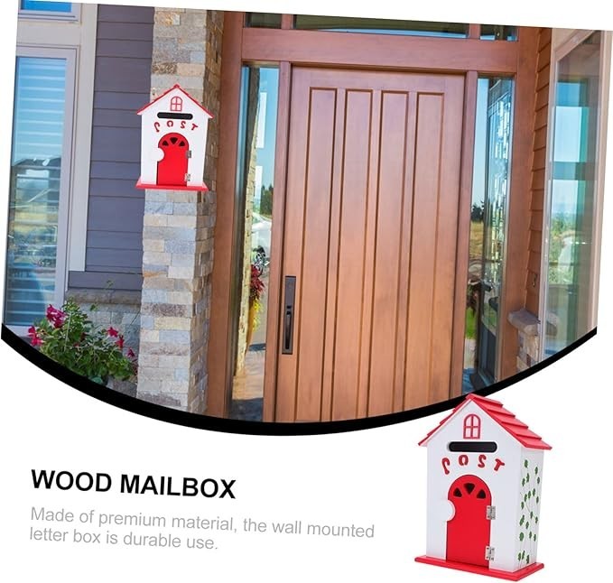 Wall Mounted Wooden Letter Box Red | Lockable Mail Suggestion Drop Box 32x23.5cm