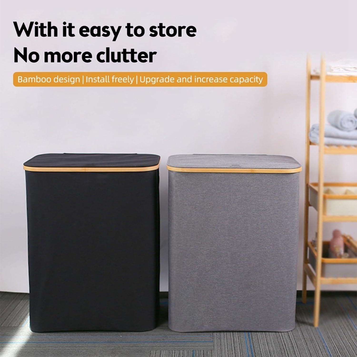 Black Foldable Laundry Hamper with Lid 3-Section Clothes Organizer 160L