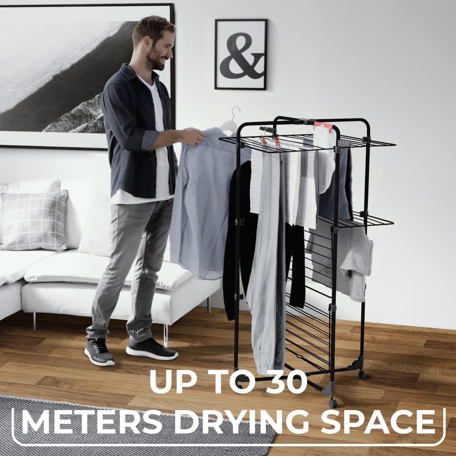 3 Tier Clothes Airer Drying Tower 30m Line Folding Rolling Indoor