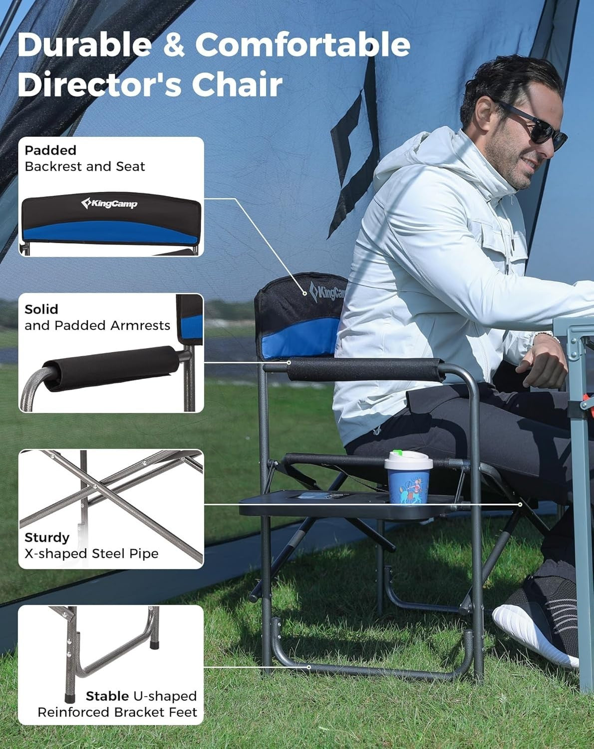 Folding Directors Camping Chair 400LB W/ Side Table Pockets Armrests