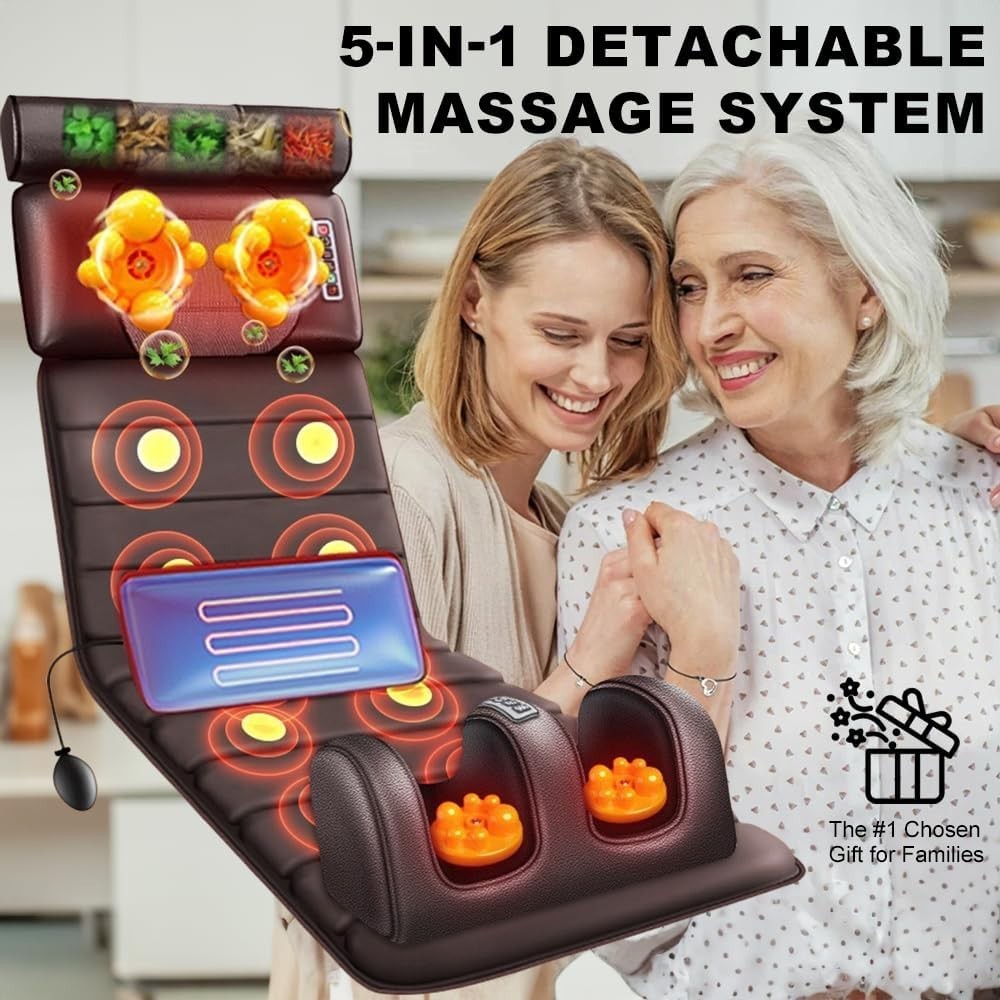 Full Body Massage Mattress Heat Shiatsu Vibration 10 Motors 6 Nodes Pain Relief