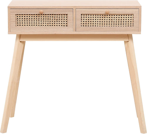 Stylish 2-Drawer Rattan Console Table 90cm Wide for Hallway & Bedroom