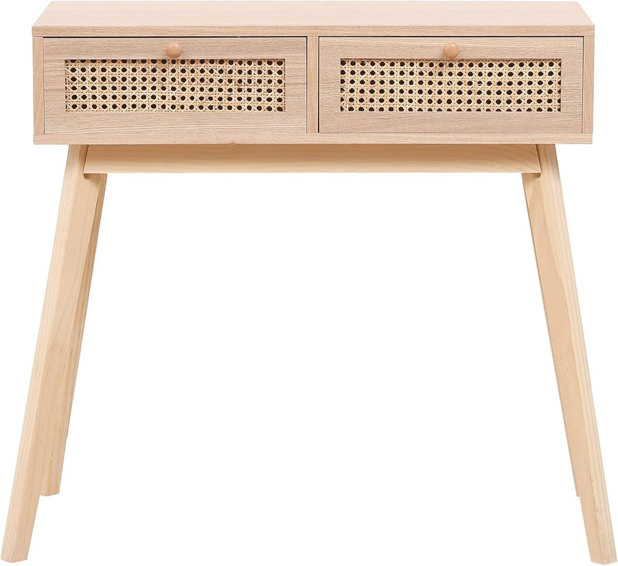 Stylish 2-Drawer Rattan Console Table 90cm Wide for Hallway & Bedroom