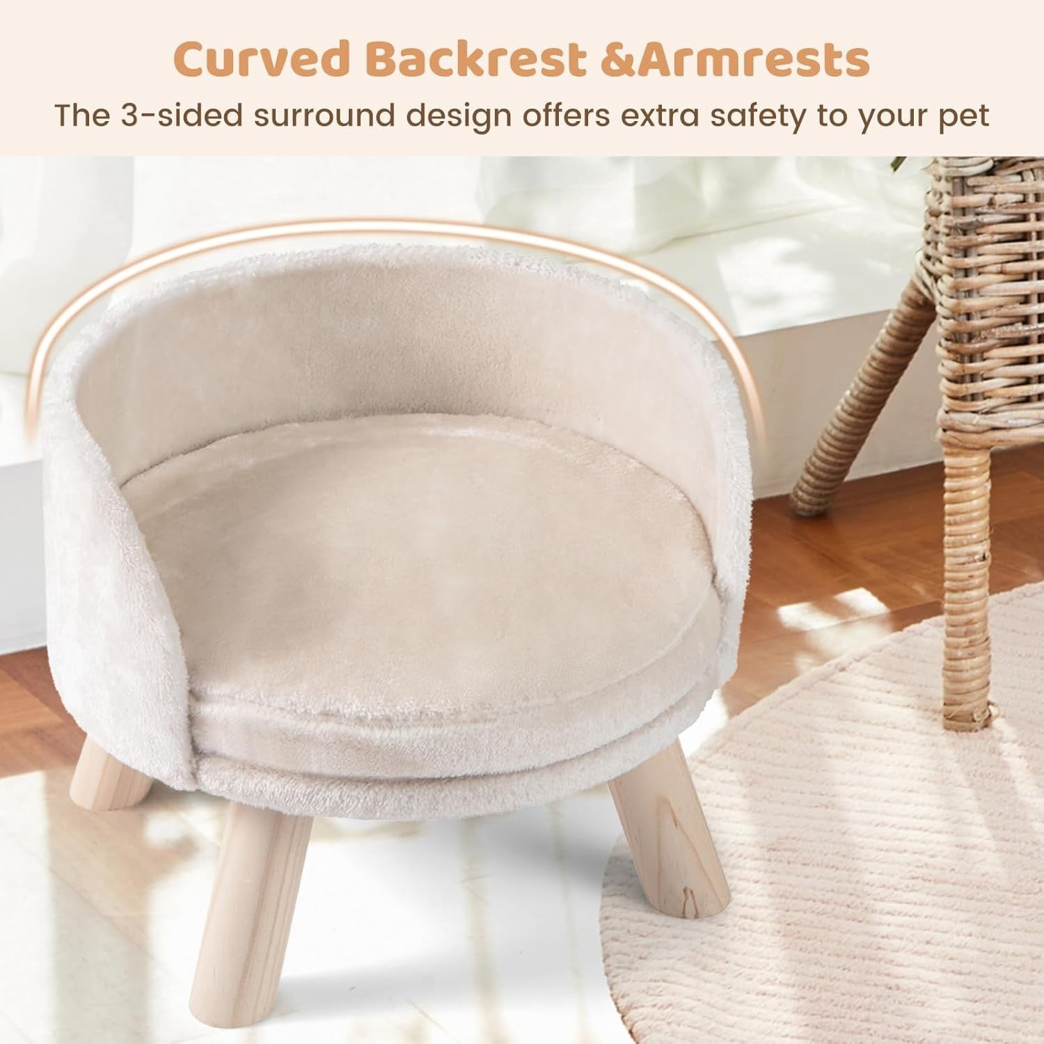 Elevated Dog Cat Sofa Bed Plush Pet Lounge Chair w Wood Legs Beige